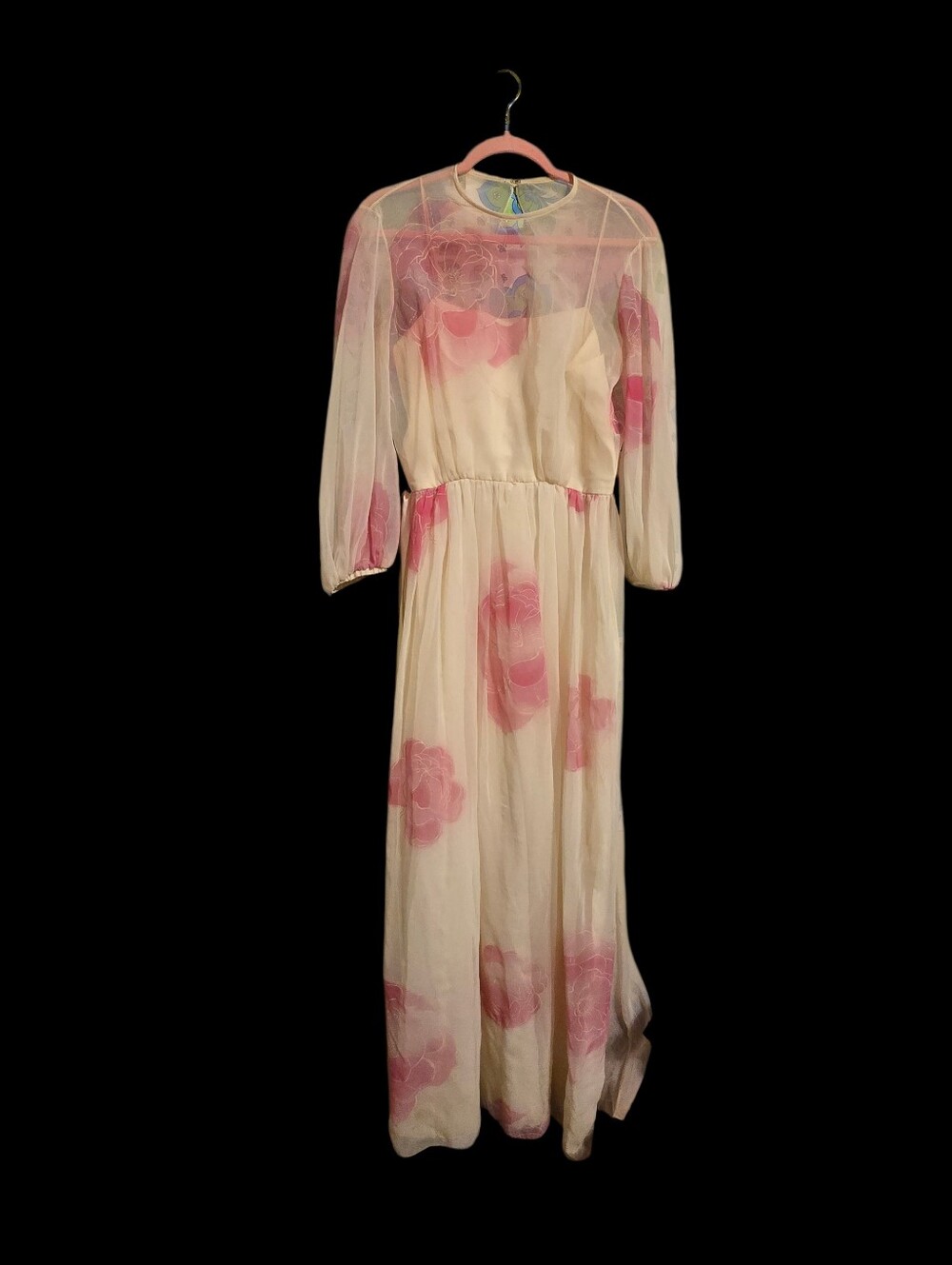 Vintage | Sheer Long Sleeve Floral Maxi Dress - Cream with Pink Roses